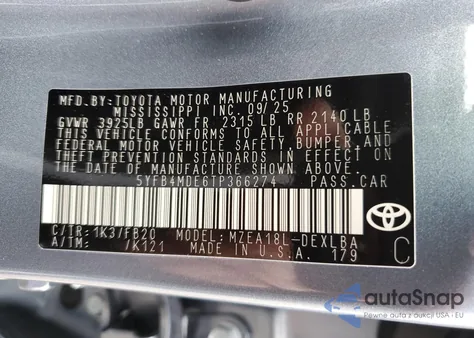 2026 Toyota Corolla Le из США, поврежденный, VIN 5YFB4MDE6TP366274